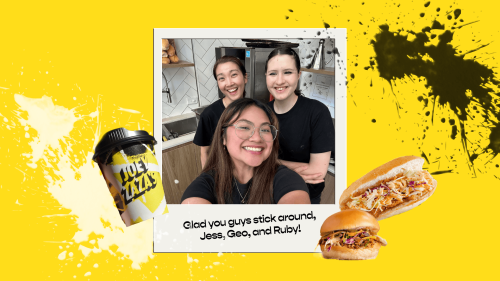 Photo collage of Jess, Geo, and Ruby, with cutouts of Joey Zaza's coffee cup, Boss Chick Burger, and Boss Chick Panini.