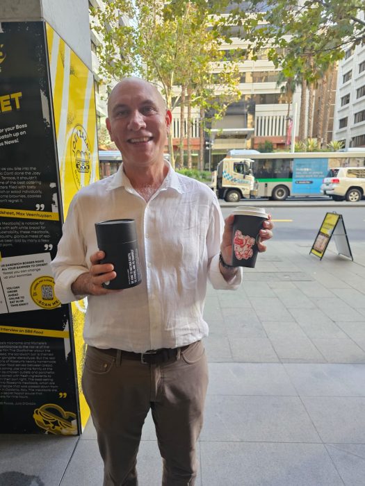 An insulated Camino Cup won at Joey Zaza's Coffee Roulette during our 2025 birthday event in Perth City
