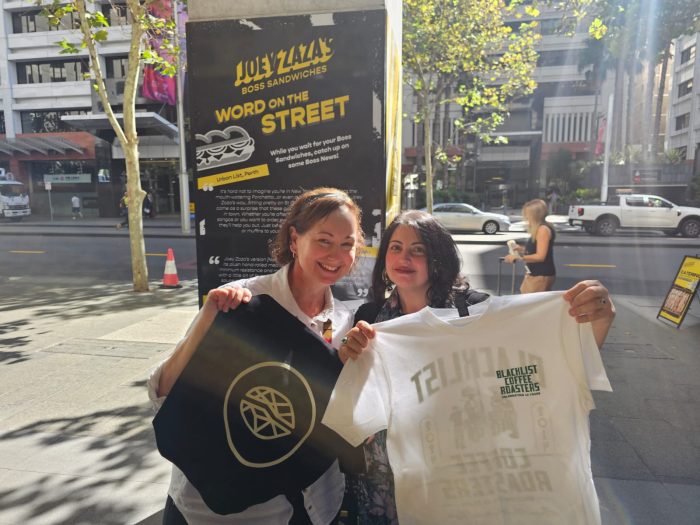 Some Blacklist Coffee Roasters shirts won at Joey Zaza's Coffee Roulette during the 2025 birthday event in Perth CBD