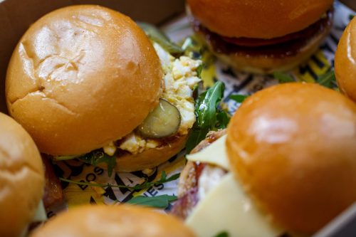 A platter of brioche bun sandwiches good for sharing in a Perth EOFY party.